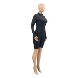 Women's Solid Ribbed Zipper Long Sleeve Rompers