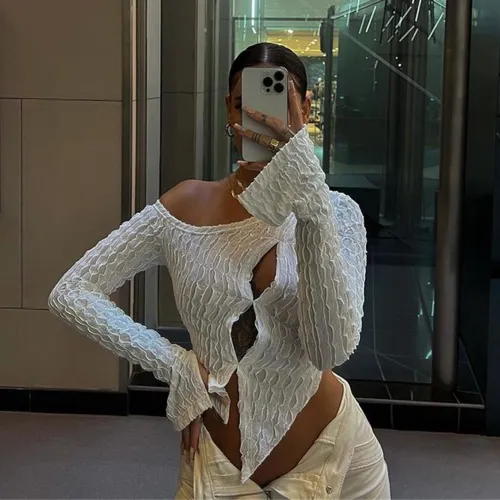 Women Slash Shoulder Flare Sleeve Slit Long Sleeve Top