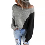 Women Autumn and Winter Irregular Colorblock Off Shoulder Sweater