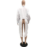 White Balloon Sleeve Irregular Tuxedo Shirt