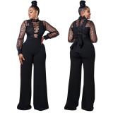 Sequin Lace See-Through High Neck Long Sleeve Wide Leg Jumpsuit
