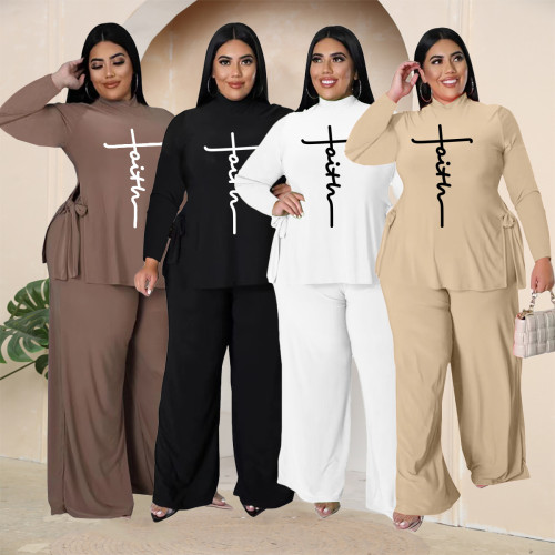 Plus Size Letter Print Slit Top and Pants Two Piece Set