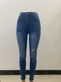 Stretchy Ripped Womens Jeans Slim Fit Blue Denim Pants