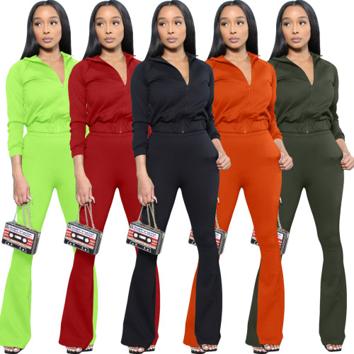Womens Casual  Two-Piece Set Long Sleeve Zipper Top + Flare Pants
