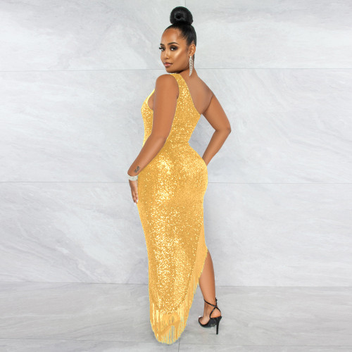 Gold Sequins One Shoulder Sleeveless Fringe Asymmetric Long Dress