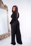 Women's Sexy Deep-V Pleated Two-Piece Set Long-Sleeve Crop Top+Pants