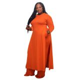 Plus Size Solid Long Sleeve Slit Dress Top +Pants Casual Two Pieces