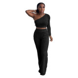 Womens Solid One Shoulder Long Sleeve Crop Top Pants Two Piece Set