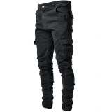 Men's Pockets Black Denim Cargo Pants