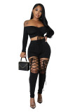 Womens Two Piece Pants Set Solid Off Shoulder Drawstring Crop Top+Lace Up Hollowed Pants