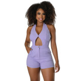 Solid High Waist Hollow Out Sexy Sleeveless Halter Rompers