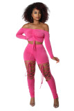 Womens Two Piece Pants Set Solid Off Shoulder Drawstring Crop Top+Lace Up Hollowed Pants