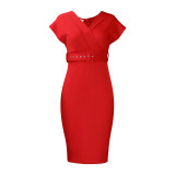African Women's V-Neck Chic Office Midi Dress with Belt