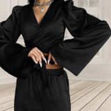 Solid Long Sleeve Wrap Top Straight Pants Casual Two Piece Set