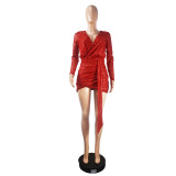 Sexy Sequin Deep V Long Sleeve Ruched Mini Bodycon Dress