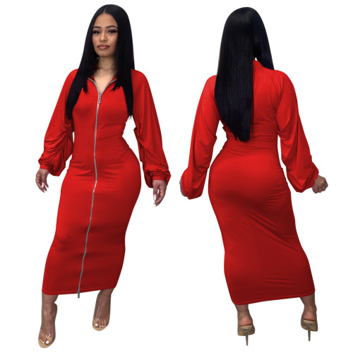 Womens Solid Color Zipper Ruched Midi Sleeve