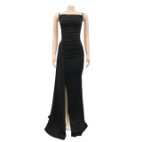 Women's Solid Slit Cami Ruched Evening Dress