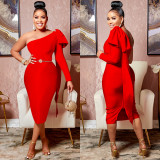 Ladies One Shoulder Single Long Sleeve Bow Tie Bodycon Midi Dress(without belt)