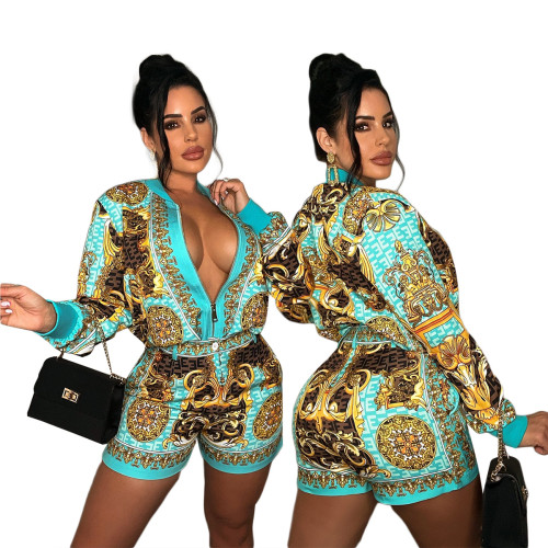 Vintage Printed Long Sleeve Zipper Top + Shorts Two Piece Set