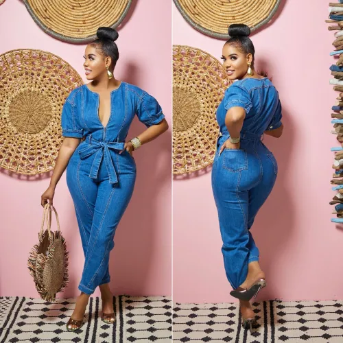 Fashion Short Sleeve Tie Waist Zipper Casual Denim Jumpsuit