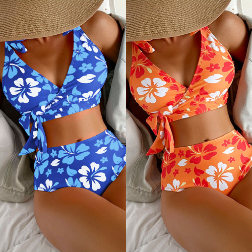 Floral Print Tie Shoulder High Waist Sexy Two Piece Swimwear