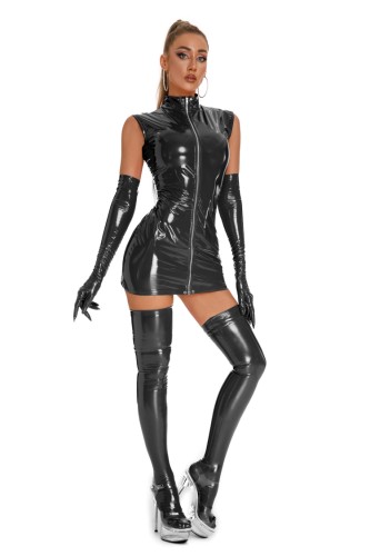 Patent Pu Leather Lingerie Club Sleeveless Zipper Bodycon Dress(without Gloves + Stocking)