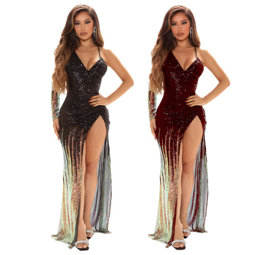 Sequin V Neck Asymmetric Single Sleeve High Slit Maxi Evening Dress