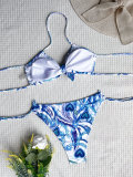 Women Blue Print Tie Sides Halter Bikini Set