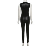 Black PU Leather O-Neck Sleeveless Bodycon Jumpsuit