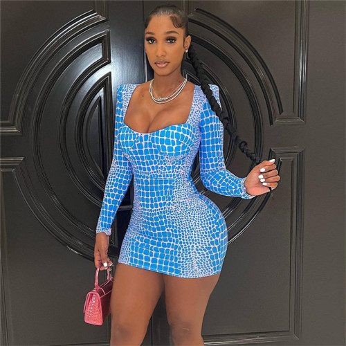 Blue Print Square Neck Long Sleeve Bodycon Dress for Women