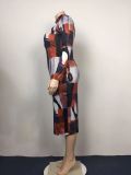 Plus Size Women Mock Neck Abstract Print Bodycon Dress