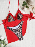 Sexy Leopard Ruffles Three-Piece Swimwear Bikini Set and Cover-Up