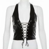 Women's Black Halter Neck PU Leather Sexy Lace-Up Crop Top