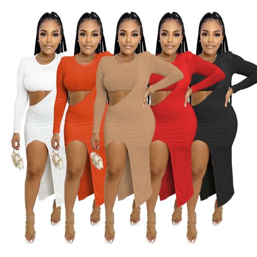 Solid Long Sleeve Tight Fit Sexy Slit Two Piece Dress