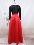 Sequin Black and Red Split V-Neck Long Sleeve Maxi Evening Dress