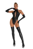 Patent Pu Leather Lingerie Crotchless Halter Hollow Out Bodysuit (without Gloves + Stocking)