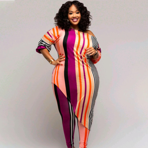 Women Casual Print Plus Size Striped Two Piece Pants Set