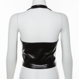 Women's Black Halter Neck PU Leather Sexy Lace-Up Crop Top