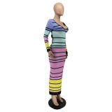 Women Striped Print V-neck Long Sleeve Maxi Dress