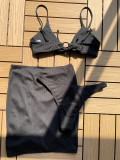 Solid Sexy Three Piece Swimwear Bikini Set and Skirt