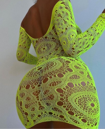 Sexy Green Hollow Out Mesh Long Sleeve Bodycon Night Lingerie Dress