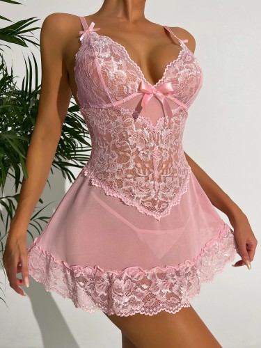 Sexy Pink Lace Cami Night Dress Babydoll Lingerie for Women