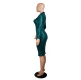 Womens Sequin Long Sleeve Sexy Bodycon Midi Dress