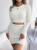 Women Knitted Two Piece Set Cropped Sweater + Mini Skirt
