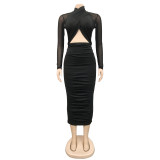 Ladies Mesh Long Sleeve Solid Cut Out Bodycon Midi Dress
