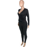Solid V-Neck Wrap Ruched Loose Long Sleeve Top and Tight Pants Two Piece Set