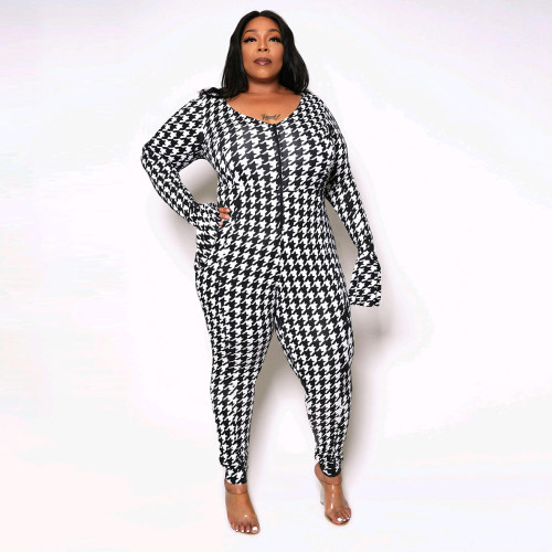 Plus Size Sexy V-Neck Houndstooth Print Zip Flare Sleeve Tight Jumpsuit