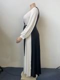 Sexy Plus Size Maxi Dress V-Neck White & Black Long Sleeve Tie Waist Dress