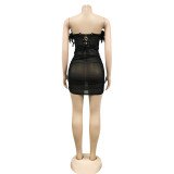 Solid See-Through Mesh Two Piece Set Feather Lace-Up Strapless Irregular Top Ruched Mini Skirt