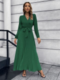 Women Solid V-Neck Long Sleeve Pleated Maxi Dress